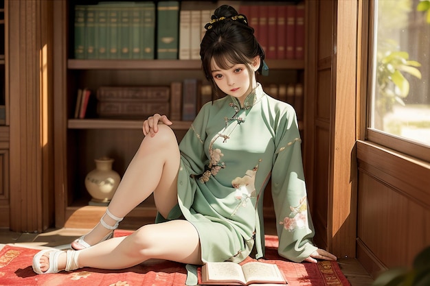 Junge schöne Frau liest im Arbeitszimmer ein Buch und trägt eine chinesische Hanfu-Tapetenillustration