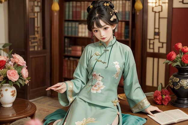 Junge schöne Frau liest im Arbeitszimmer ein Buch und trägt eine chinesische Hanfu-Tapetenillustration