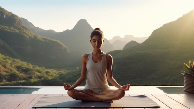 Junge schöne Frau meditiert auf dem Berghintergrund Junge weibliche Yoga in der Natur Generative Ai-Technologie