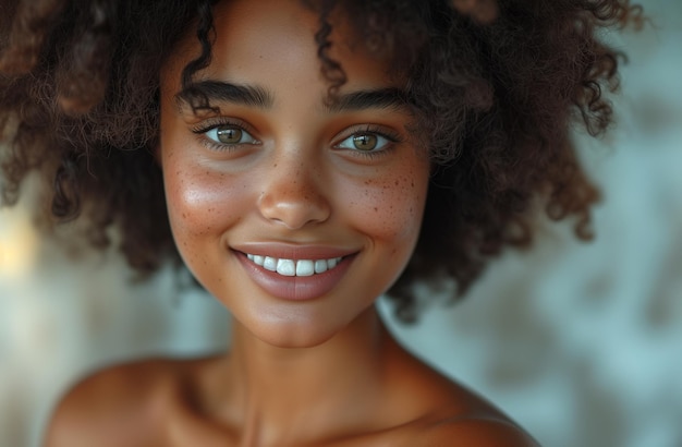 Junge schöne Frau mit Afro-Haaren, schöne Person, die im Studio lächelt