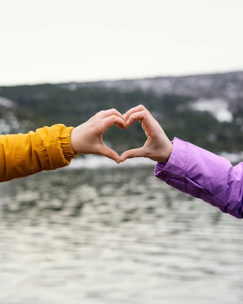 Junge schöne Frauen in der Natur, die Herzhandform bilden