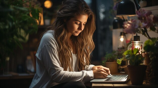 Foto junge schöne geschäftsfrau mit brille sitzt an einem cafétisch und arbeitet an laptopgenerativer ki