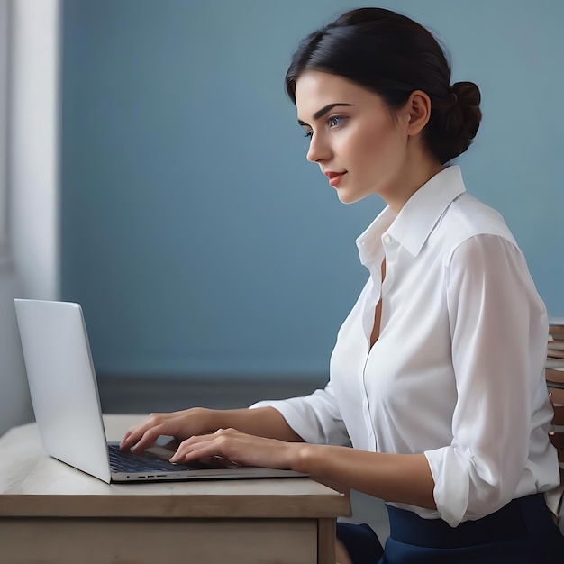 Junge schöne Geschäftsfrau mit dunklen kurzen Haaren in weißem Hemd arbeitet glücklich am Laptop über blau