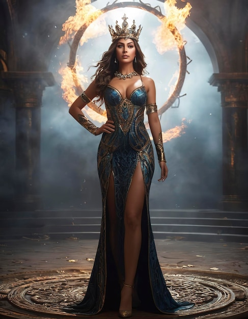 junge schöne Königin des Feuers steht auf dem Boden in spiralförmiger Flammennebel-Hintergrund