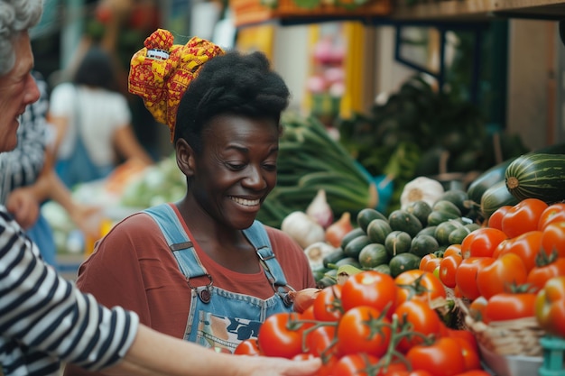 Junge schöne Kunden kaufen frisches, natürliches Gemüse für ein mediterranes Abendessen.