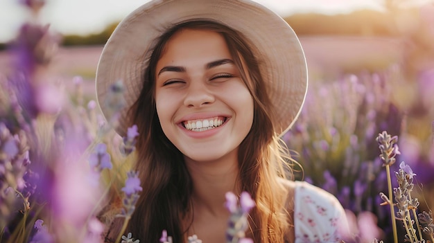 Junge schöne lächelnde Frau mit geschlossenen Augen steht in einem Lavendelfeld und trägt einen Hut