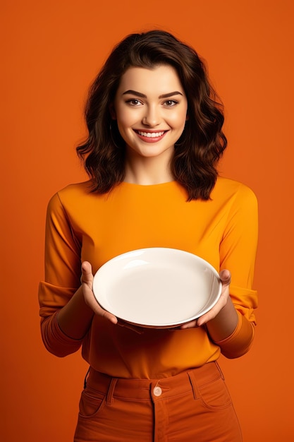 Junge schöne, stilvolle Frau hält einen leeren Teller oder eine Schüssel isoliert auf orangefarbenem Hintergrund