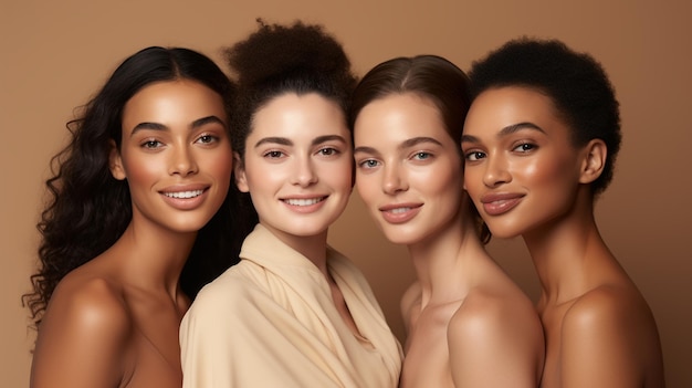 junge Schönheit Multi-ethnische Gruppe von Frauen mit verschiedenen Hauttypen zusammen generiert von KI