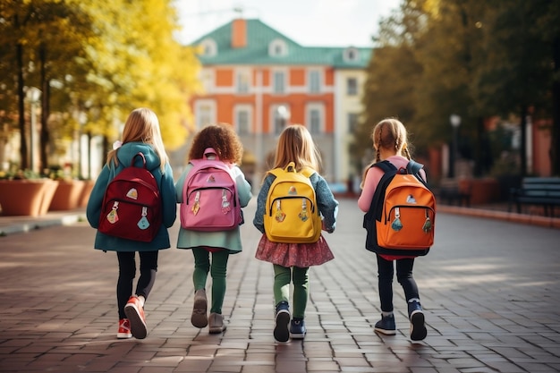 Junge Schüler mit Rucksäcken kehren zur Schule zurück