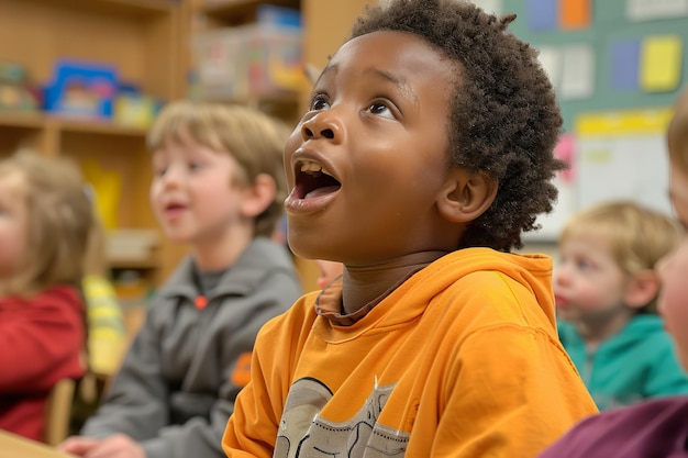 Junge Schüler üben in der Klasse mit Begeisterung Vokalgeräusche laut aus, um frühe Alphabetisierungsfähigkeiten und phonetisches Bewusstsein zu fördern