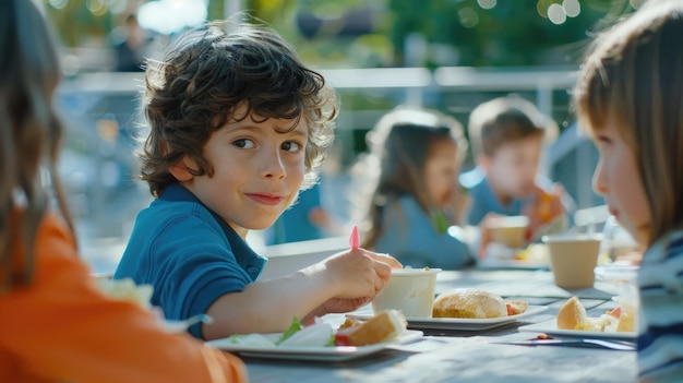 Foto junge schulkinder essen mittagessen und reden zusammen an einem tisch