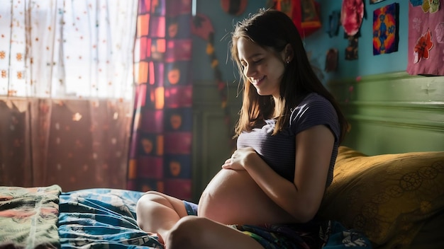 Junge Schwangere, die bald Mutter werden wird, berührt ihren Bauch, sitzt am Nachmittag in ihrem Schlafzimmer