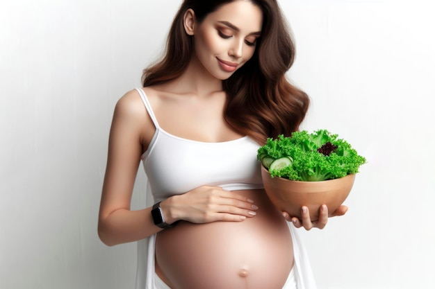 Junge schwangere Frau hält eine Schüssel mit grünem gesunden Salat Gesundes Essen während der Schwangerschaft