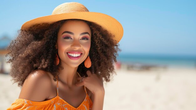 Junge schwarze Amerikanerin am Strand lächelt an einem sonnigen Tag und blickt in die Kamera