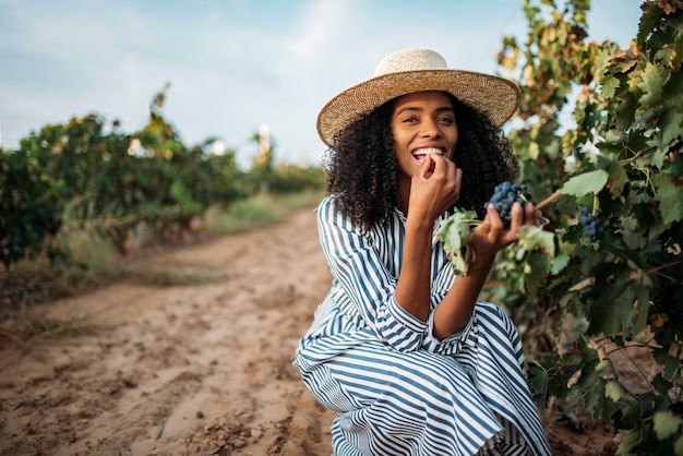 Junge schwarze Frau, die eine Traube in einem Weinberg isst