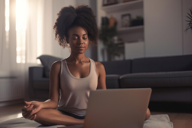 Junge schwarze Frau, die zu Hause auf dem Boden sitzt und Yoga-Atemübungen in einer virtuellen Klasse auf ihrem Laptop macht Generative KI