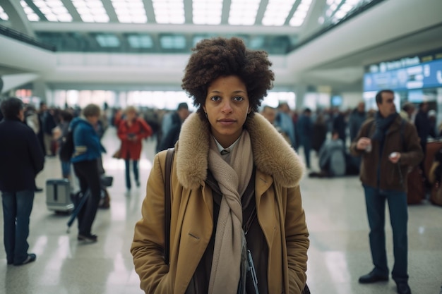 Junge schwarze Frau ist drinnen am Flughafen. Schönes Illustrationsbild generative KI