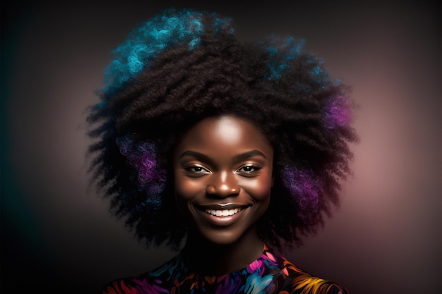 Junge schwarze Frau mit bunten Haarakzenten lächelnd AI