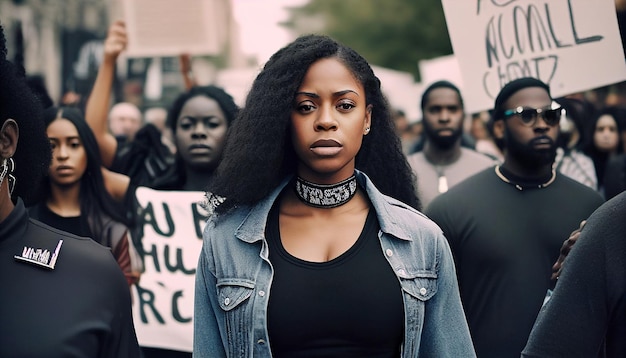 Junge schwarze Frau mit einer Gruppe von Demonstranten im Hintergrund im Freien Afrikanische Frau protestiert mit einer Gruppe von Aktivisten Generative Ai