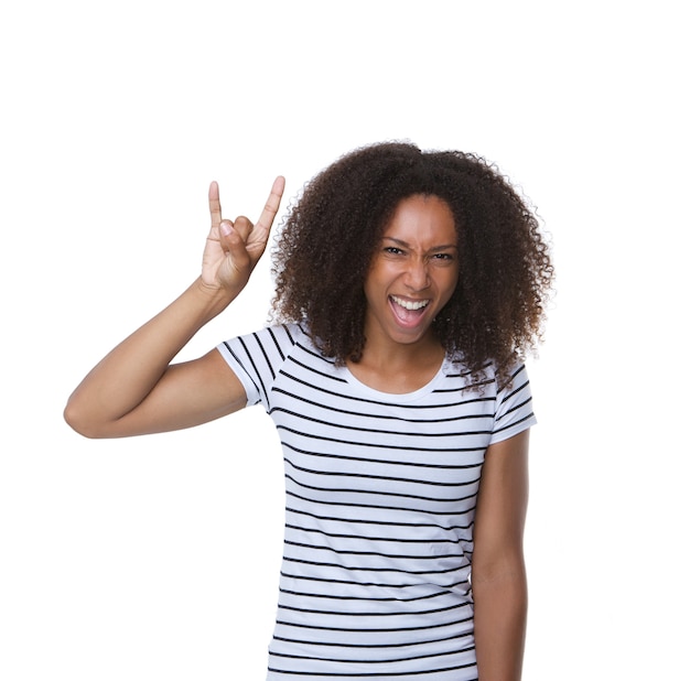 Junge schwarze Frau mit Handzeichen