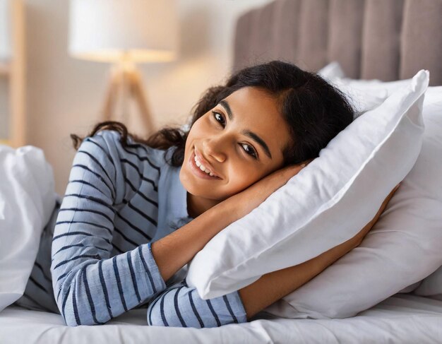 Junge schwarze Frau schläft auf einem weißen Kissen im Schlafzimmer und lächelt glücklich