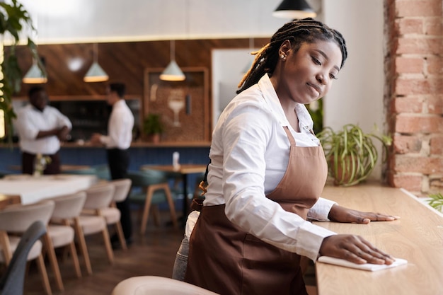 Junge schwarze Kellnerin reinigt Tisch in einem modernen Restaurant