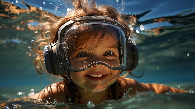 Junge schwimmt mit Schutzbrille im Pool