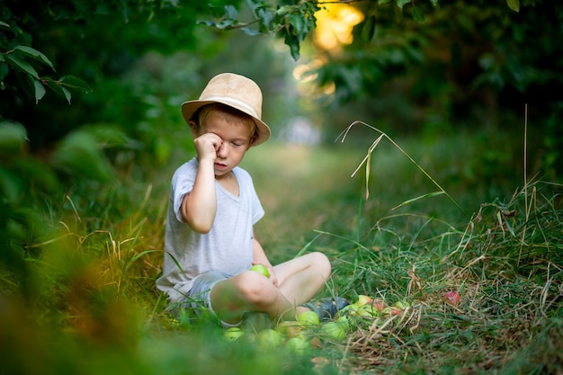 Junge sitzt im Gras mit Äpfeln in einem Garten