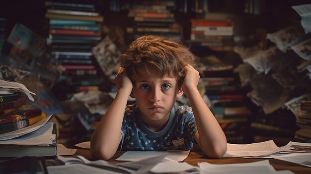 Junge sitzt in der Bibliothek mit Büchern und liest ein Buch