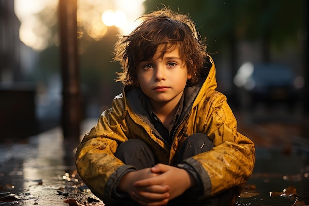 Junge sitzt in regnerischem Wetter auf der Straße