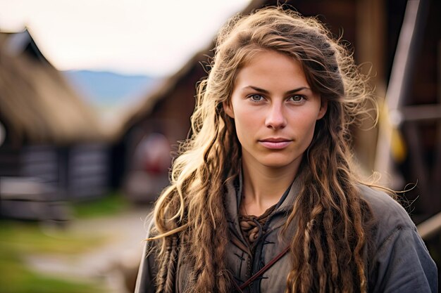 Foto junge skandinavische frau in traditioneller nördlicher kleidung aus lederpelz und leinen