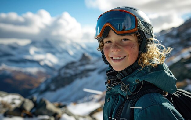 Junge Skifahrer mit Skibrille und Skihelm auf dem Schneeberg