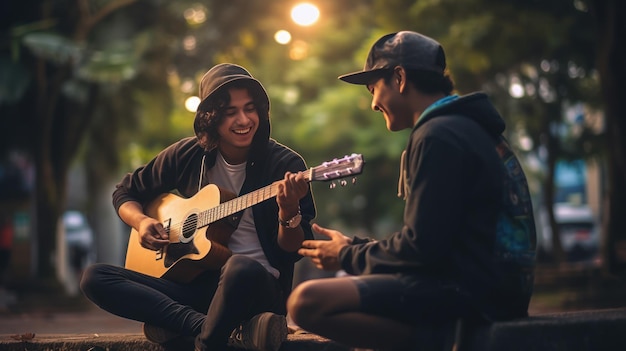 Junge spielen Gitarre und genießen es mit Freunden