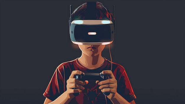 Junge Spieler spielen Videospiele mit einem Virtual-Reality-Headset Der Spieler trägt ein rotes Hemd und schwarze Kopfhörer und hält einen Controller