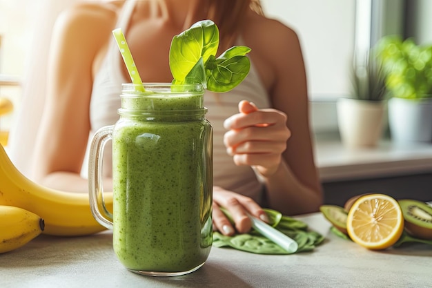 Junge sportliche Frau auf Diät machte einen Smoothie in der Küche