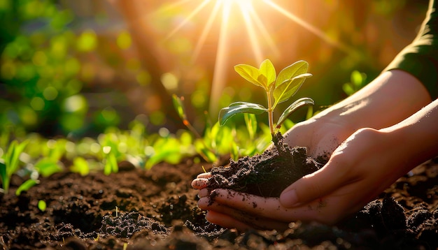 Junge Sprossen in den Händen, die den Boden halten Erdtag Ökologie Blätter Landwirtschaft sonniger Tag Gras