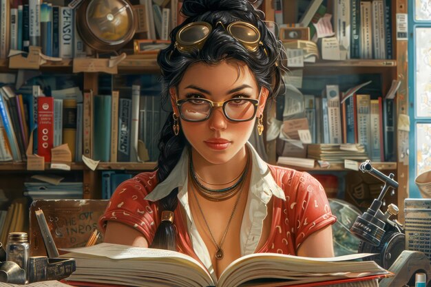 Foto junge steampunk-inspirierte frau liest ein buch in einer vintage-bibliothek voller sonnenlicht und antiquitäten