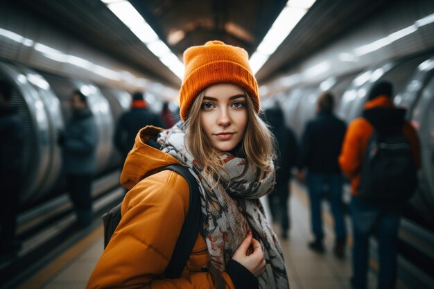 Junge, stilvolle Fotografin erkundet die U-Bahn in der Stadt