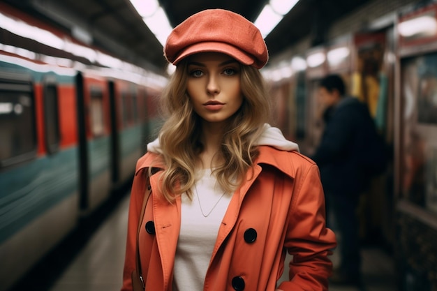 Junge, stilvolle Fotografin erkundet die U-Bahn in der Stadt