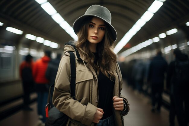 Junge, stilvolle Fotografin erkundet die U-Bahn in der Stadt