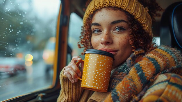 Junge, stilvolle Frau sitzt mit einer Kaffeetasse auf dem Rücksitz eines Fahrzeugs unterwegs