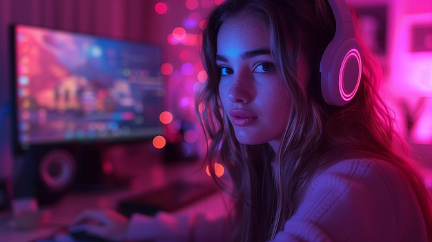 Foto junge streamer-frau im spielzimmer-studio