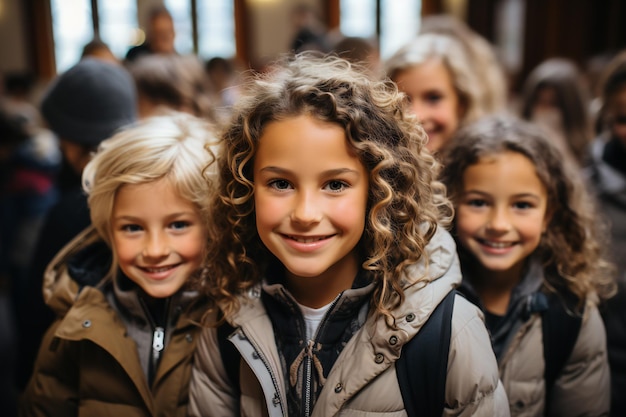 Junge Studentengruppe trifft sich für eine lustige Pose im Klassenzimmer