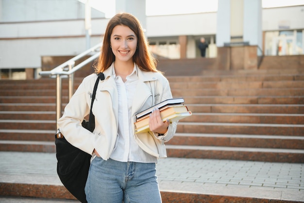 Junge Studentin, die gegen die Universität lächelt Süße Studentin hält Ordner und Notizbücher in den Händen Lernen des Bildungskonzepts