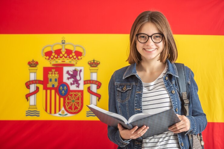 Junge Studentin in Gläsern hält ein offenes Lehrbuch vor der Flagge Spaniens.