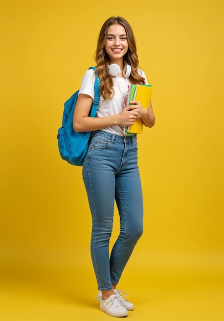 Junge Studentin lächelt und hält Bücher mit einem Rucksack