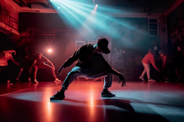 Junge Tänzer auf der Bühne tanzen Breakdance in leuchtend blauen und orangefarbenen Scheinwerfern, ai generativ