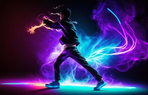 Junge tanzt auf schönem Tanz Neonlicht und Raucheffekt