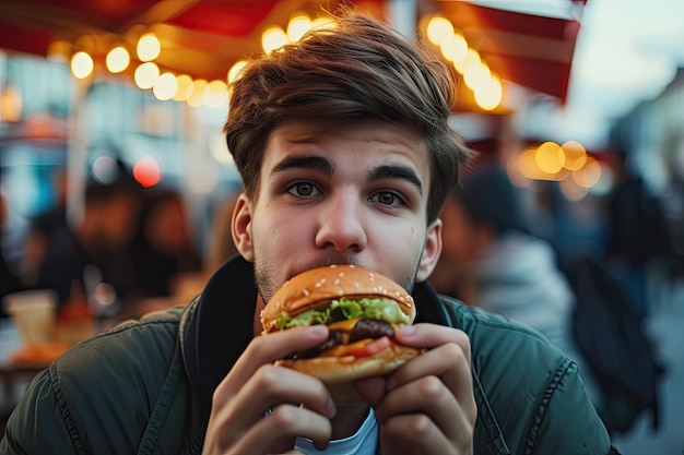 Junge Teenager essen ein veganes Sandwich, einen gesunden vegetarischen Burger