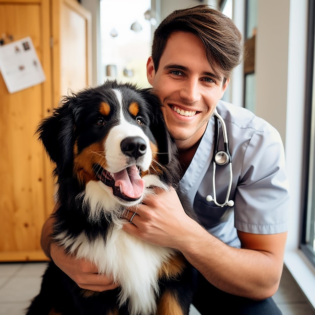 Junge Tierarzt lächelt, während er schöne Bernese untersucht